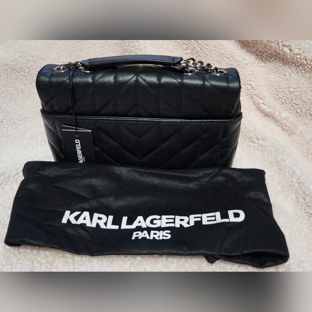 Karl Lagerfeld Black Quilted Leather Shoulder Bag with Chain Strap - Picture 2 of 7